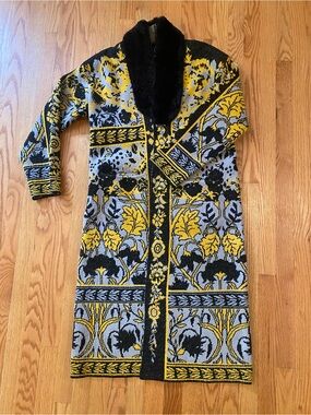 Vertigo Paris Yellow & Gray Floral Knit Coatigan with Black Faux Fur Collar (S)